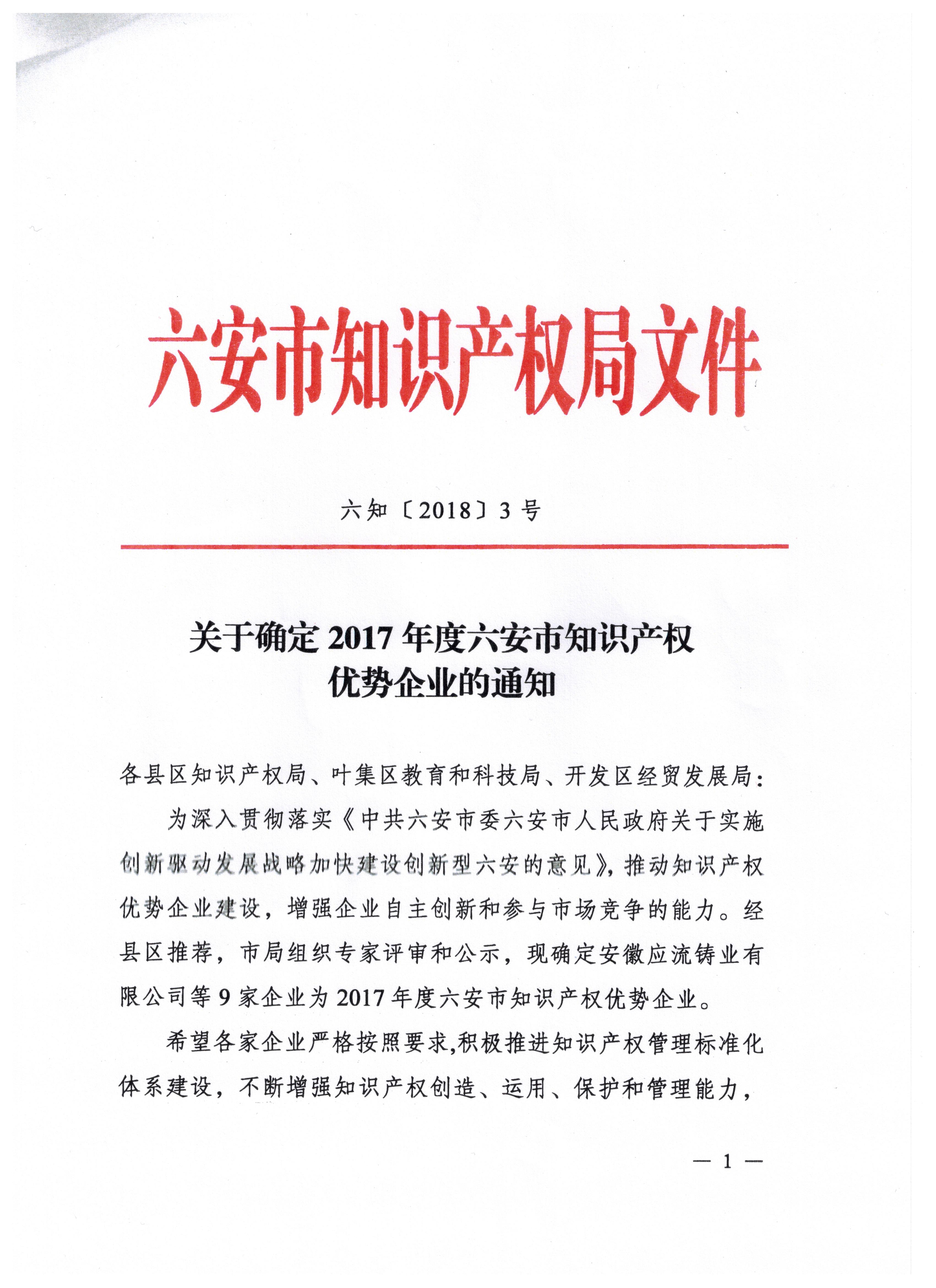 2017年度六安市知识产权优势企业