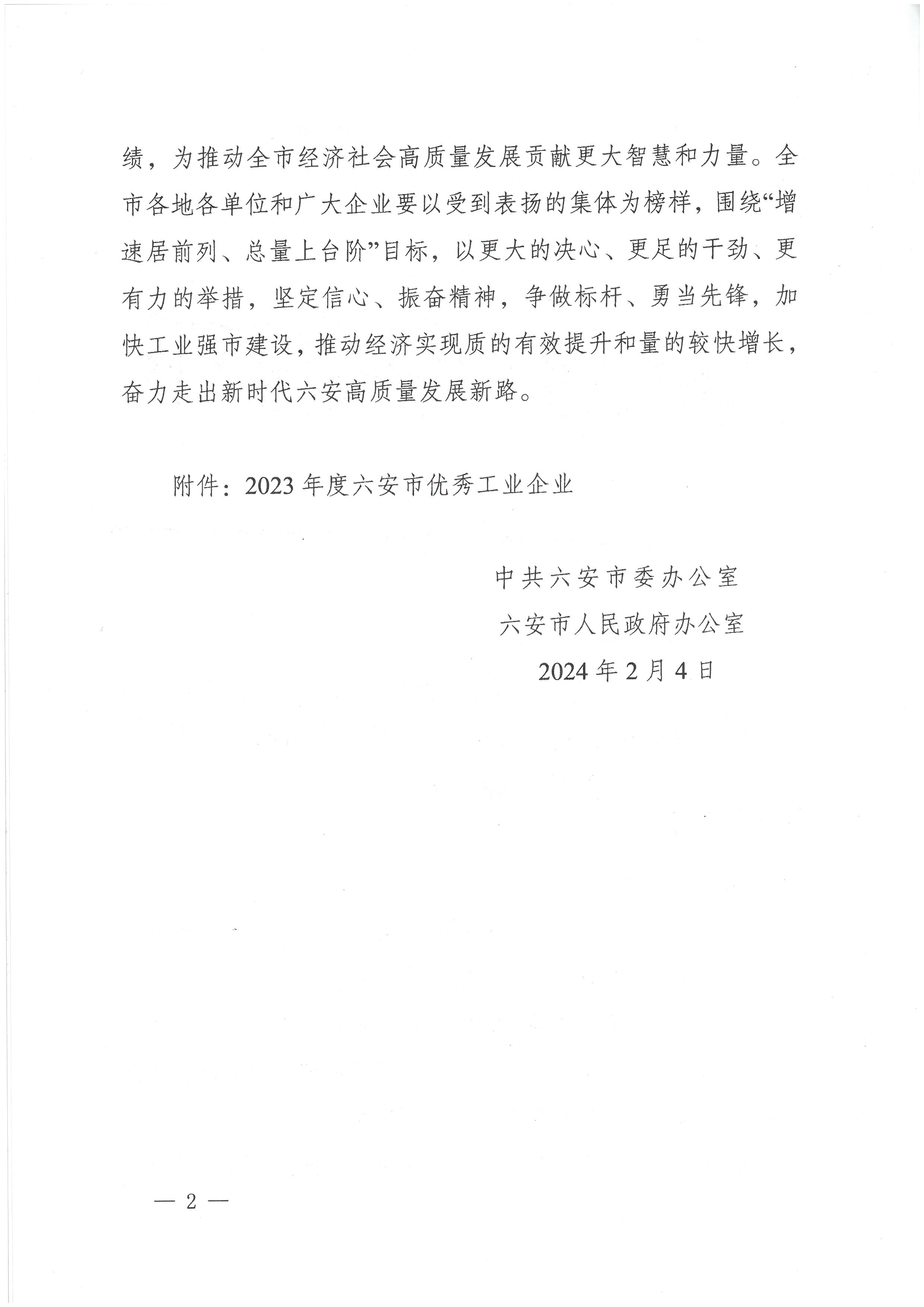 2023年度六安市优秀工业企业1