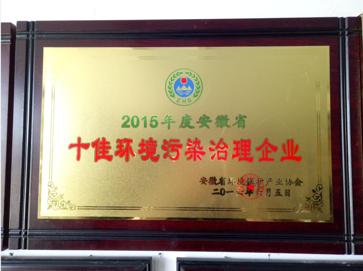 荣誉证书2015年十佳环境污染治理企业